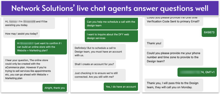 Network Solutions' live chat UI showing a helpful conversation with an agent