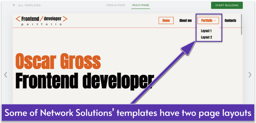 Network Solutions' developer portfolio template highlighting two page layouts