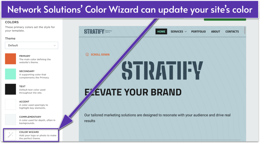 Network Solutions' UI showing where to access its Color Wizard tool