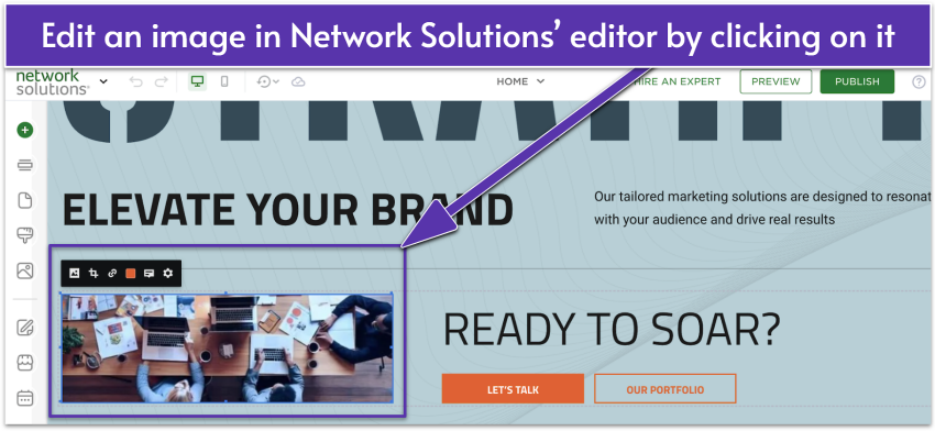 Network Solutions' editor showing how to edit a template's image