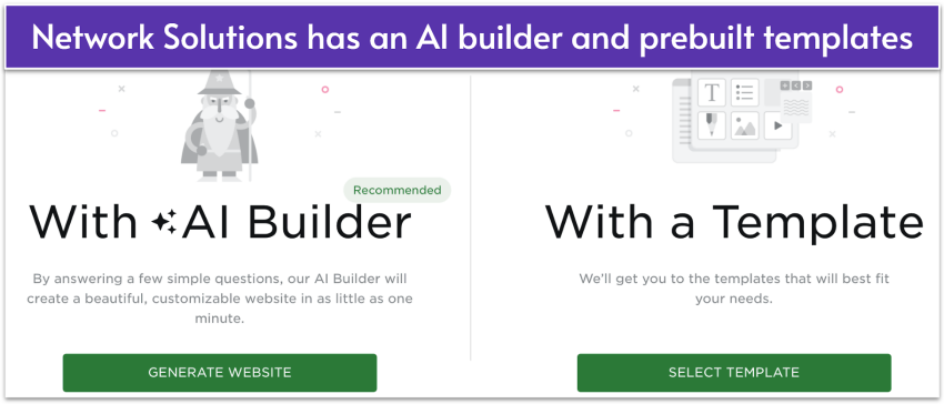 Selection screen from Network Solutions showing two options for creating a website