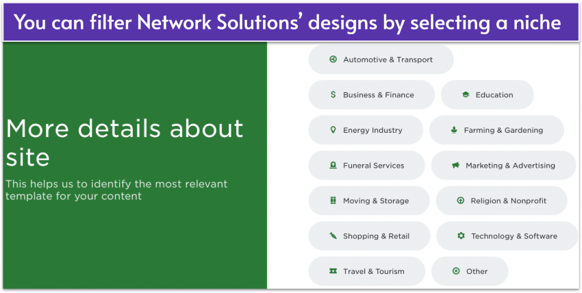 Selection screen from Network Solutions showing different template niche categories