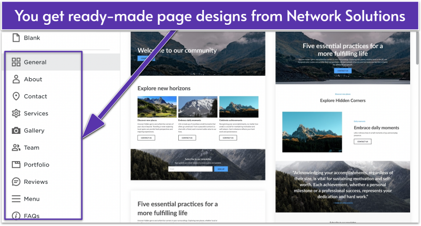 Network Solutions' UI highlighting the different types of prebuilt page designs available