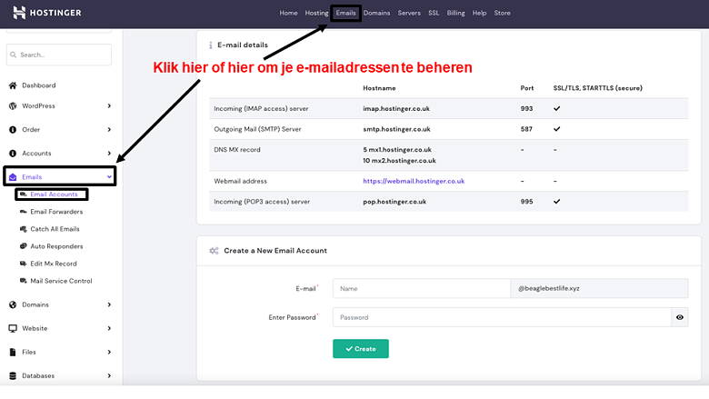hPanel - emails page