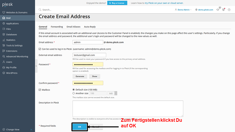 Plesk - create email address 3