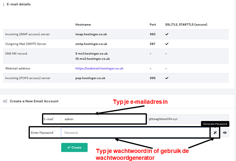 hPanel - create email address