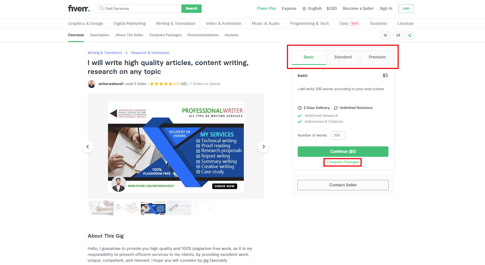 Fiverr screenshot - package tabs and compare packages button