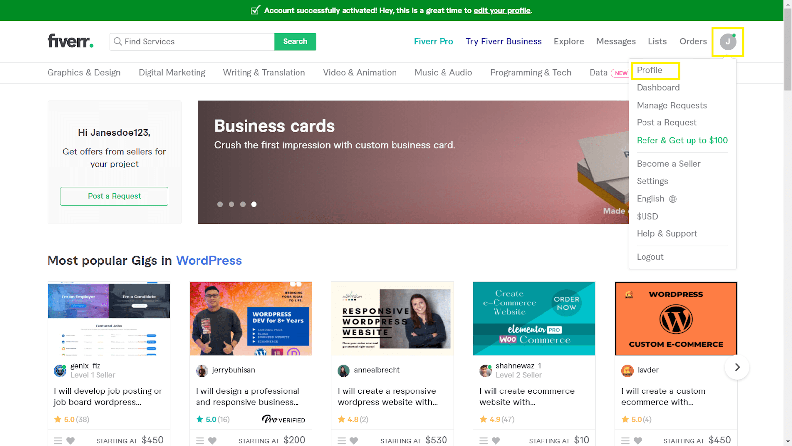 Fiverr screenshot - seller main page