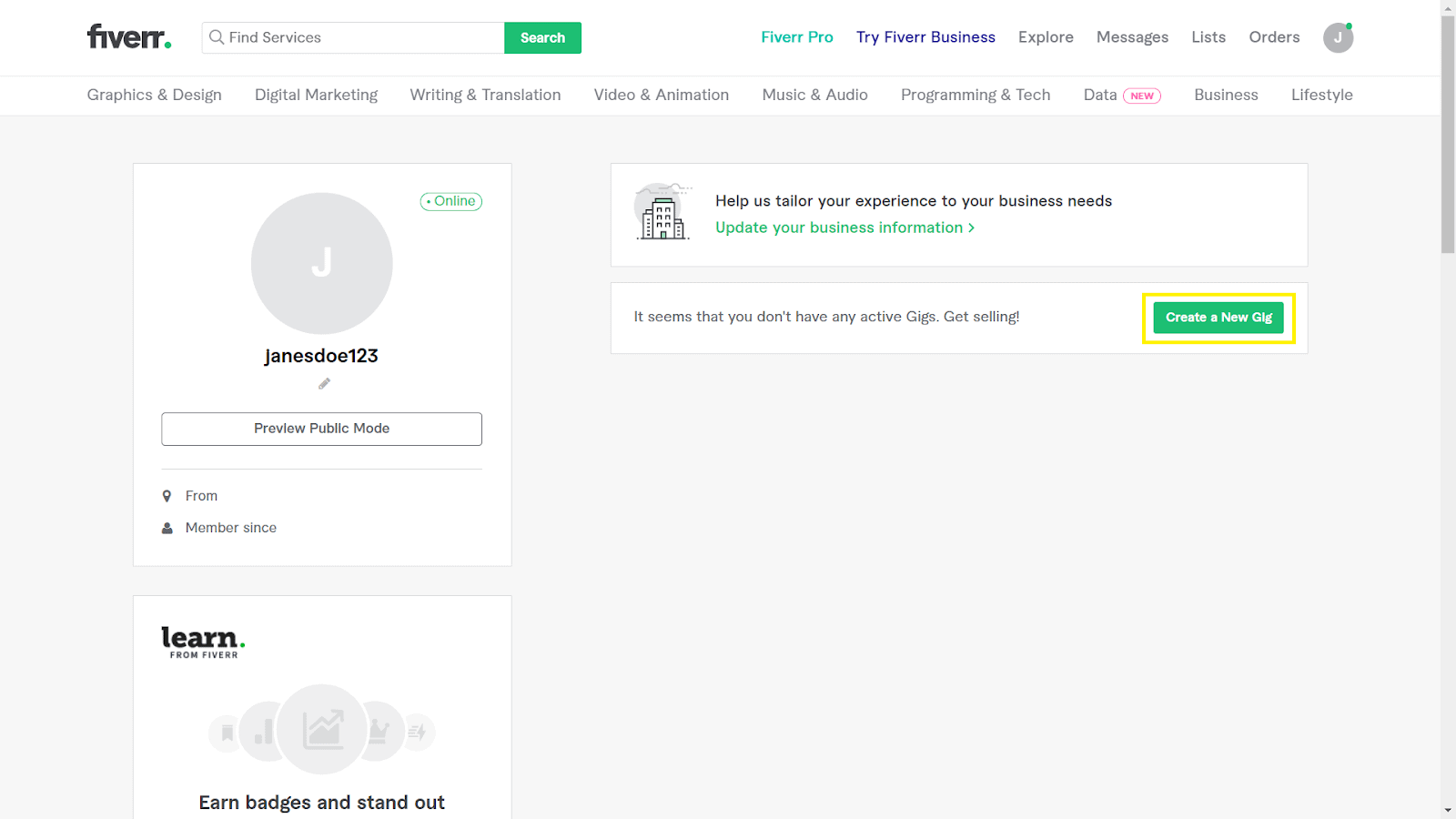 Fiverr screenshot - profile edit