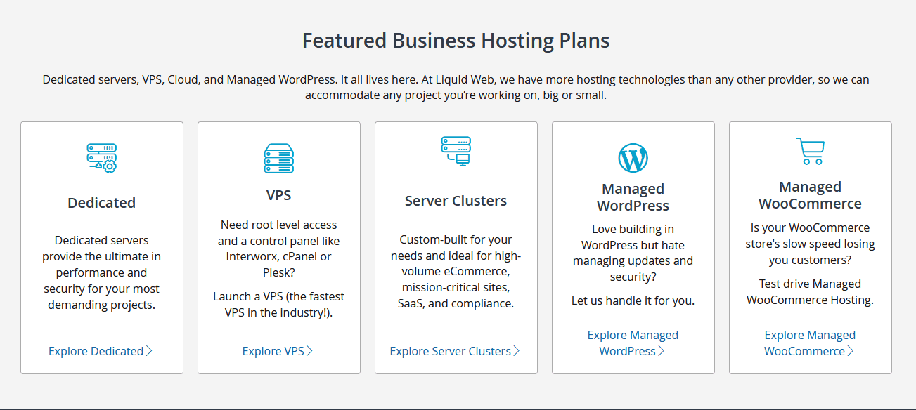 Screen capture of Liquid Web's hosting plans