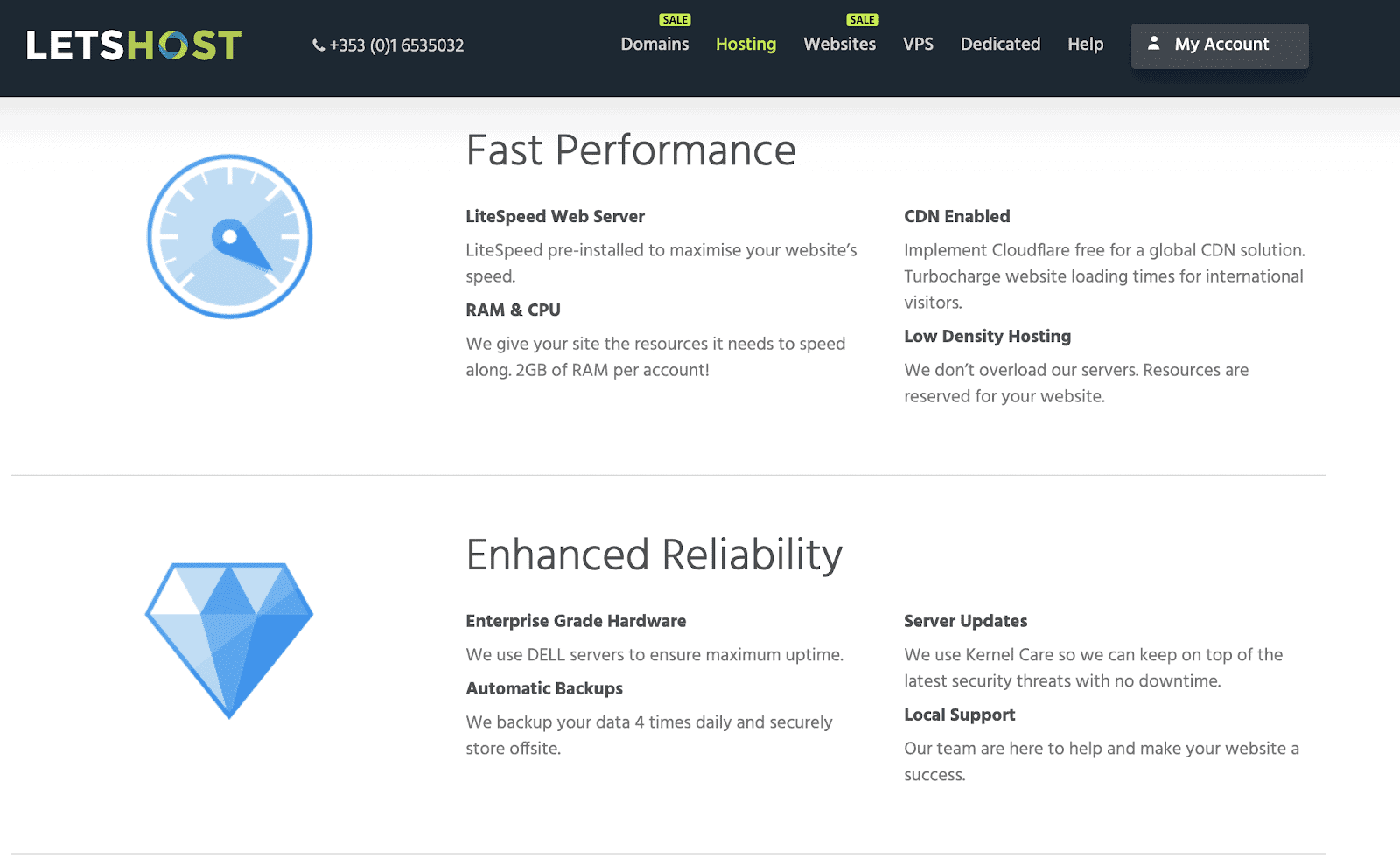 Screen capture of hosting features on LetsHost's website