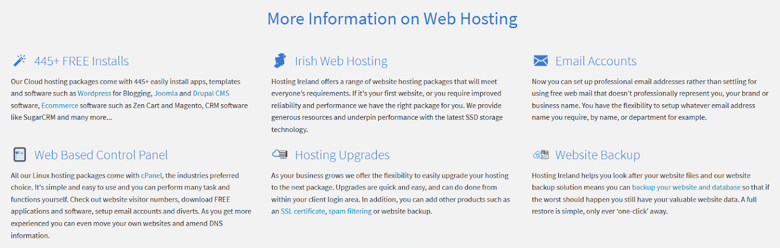 Screen capture of Hosting Ireland's feature details