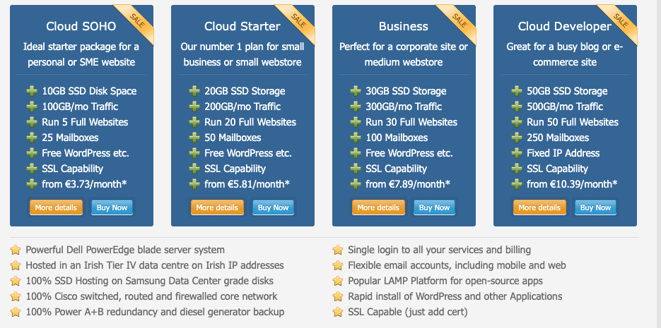 Screen capture of hosting plans at Irish Domains' website