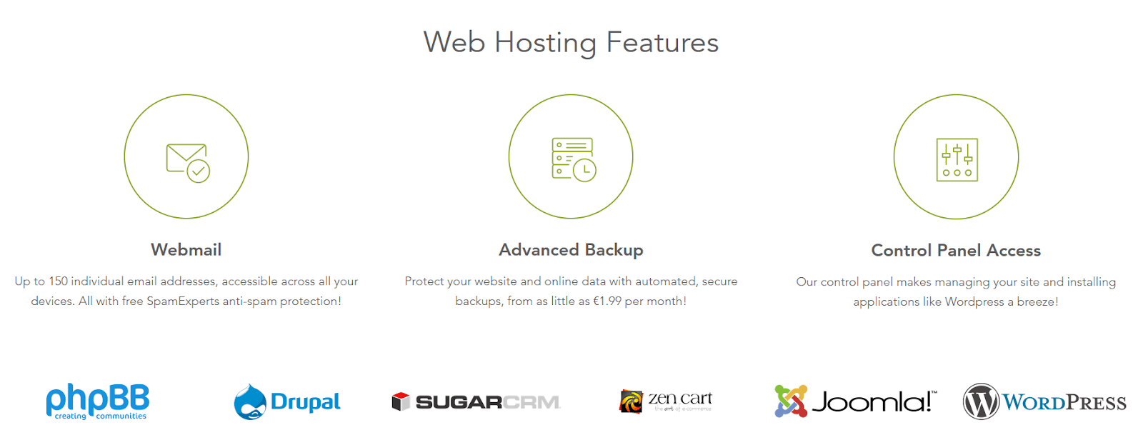 Screen capture of Blacknight's hosting features