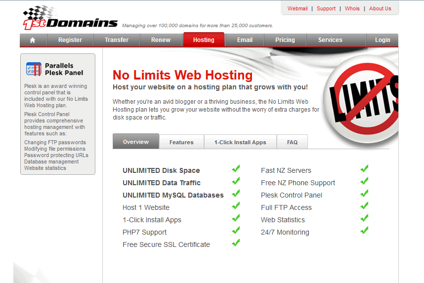 Web hosting plan details on the 1st Domains website