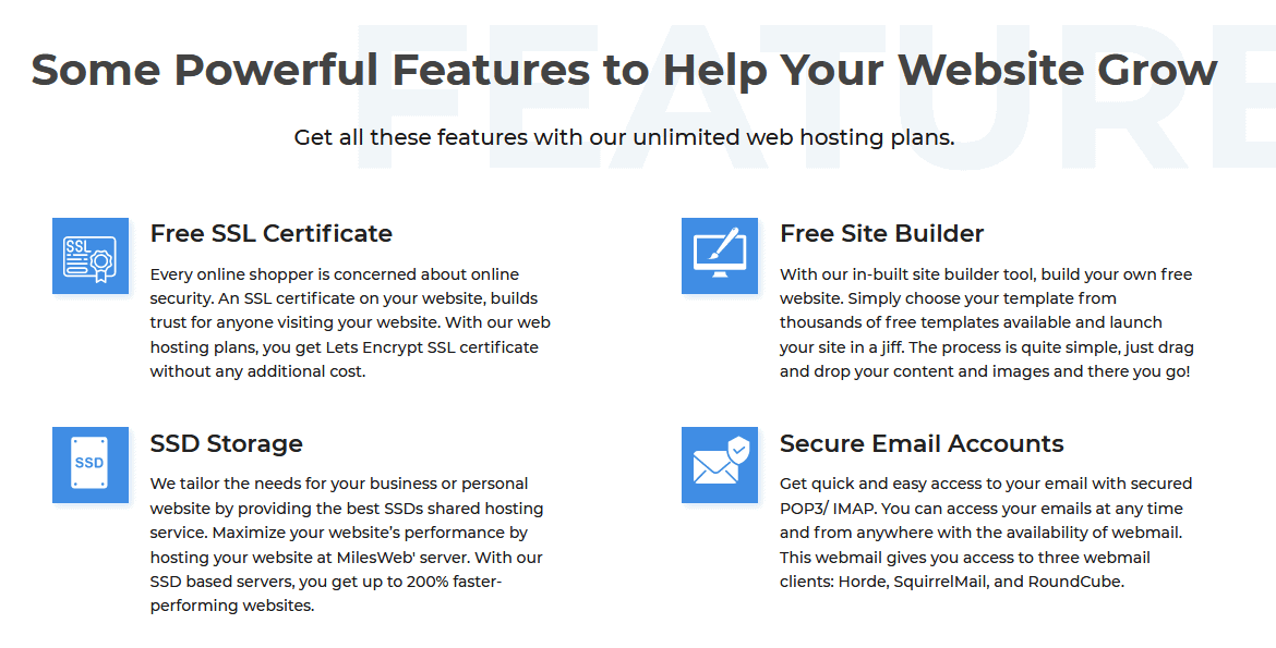 Plan features from the MilesWeb website