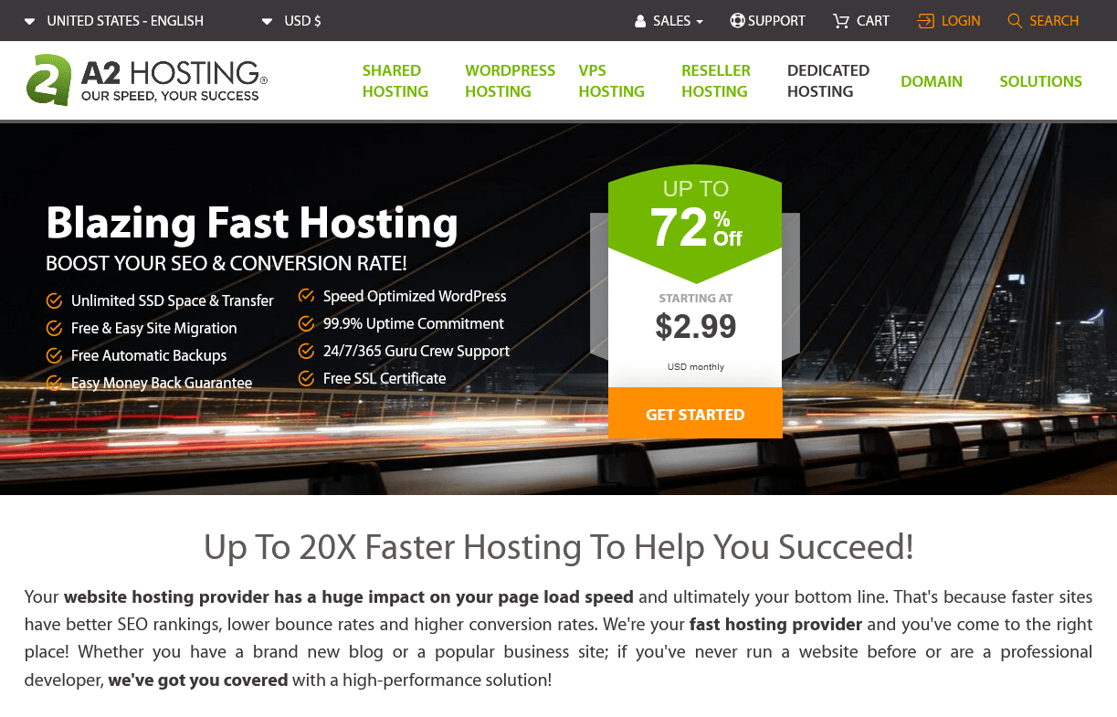the A2 Hosting home page
