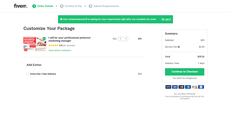 Fiverr screenshot - continue to checkout button