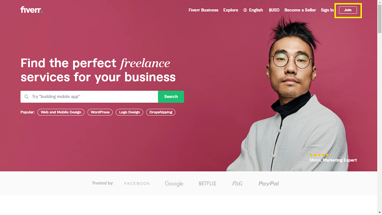 Fiverr screenshot - homepage join button