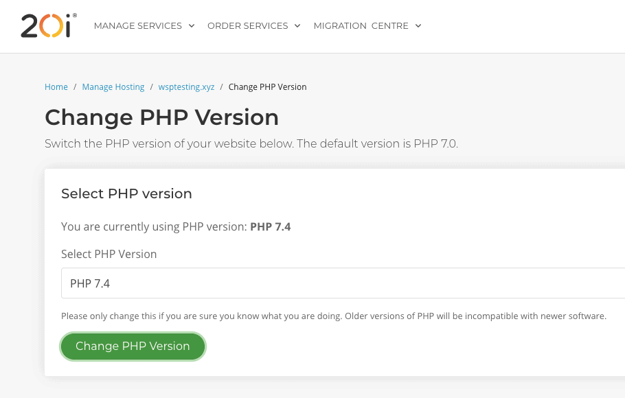 Screenshot of 20i's PHP version selection page