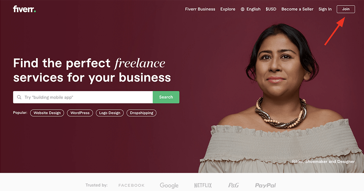 Fiverr homepage - Join button