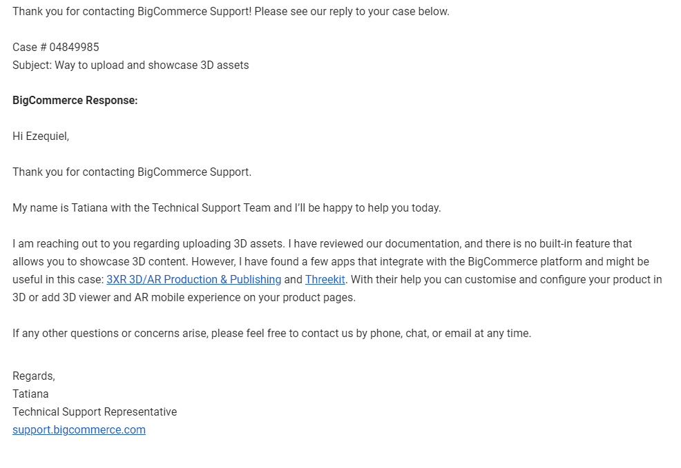 The Email Response From BigCommerce