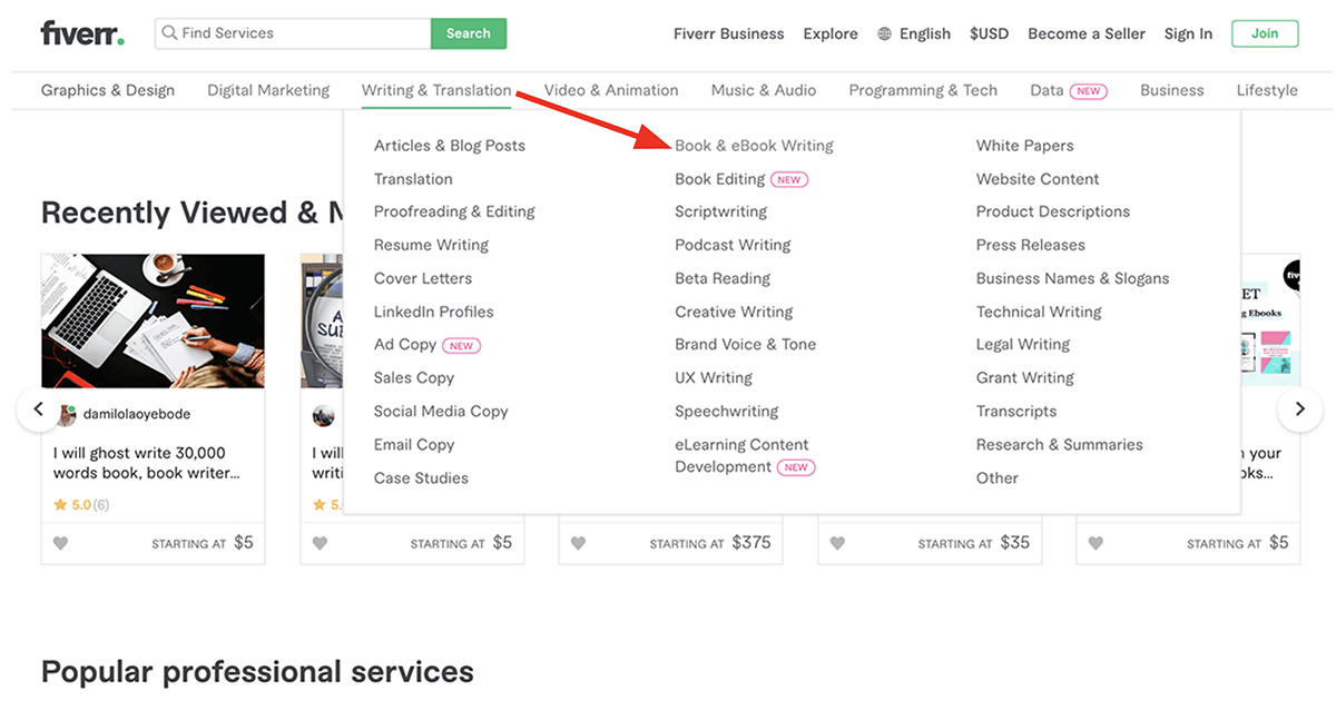 book and e-book writing services on Fiverr