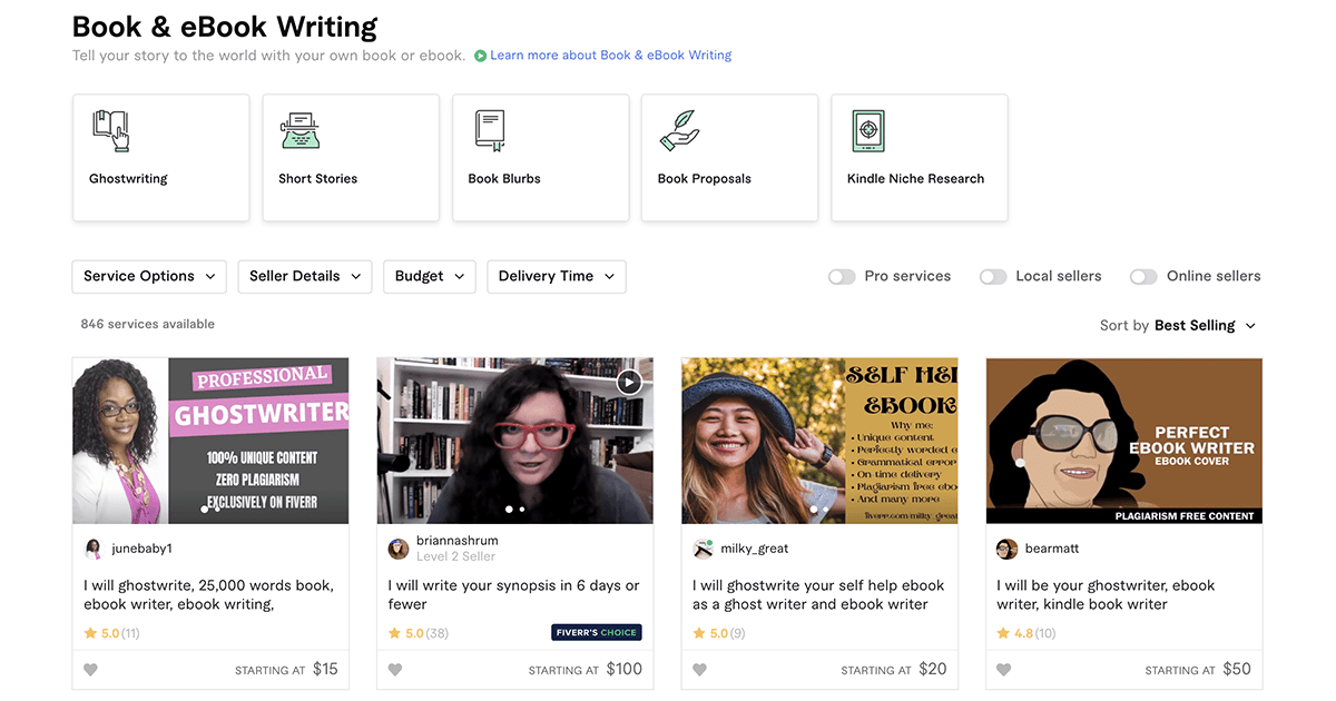 book and e-book writing gigs on Fiverr