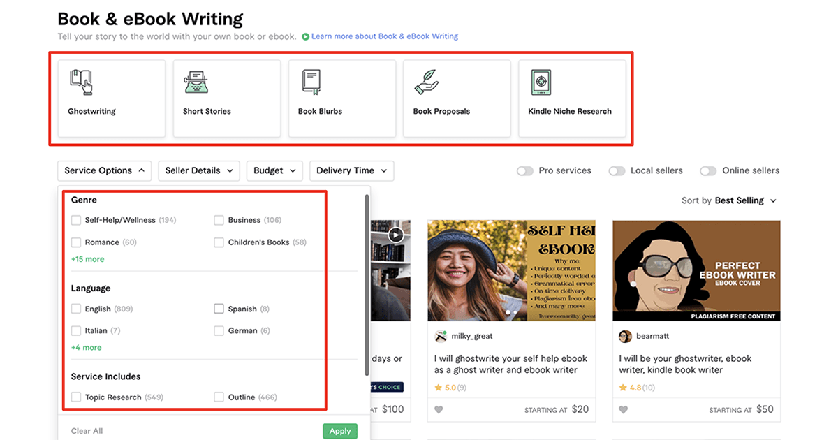 filter Fiverr search results for book and e-book writing gigs