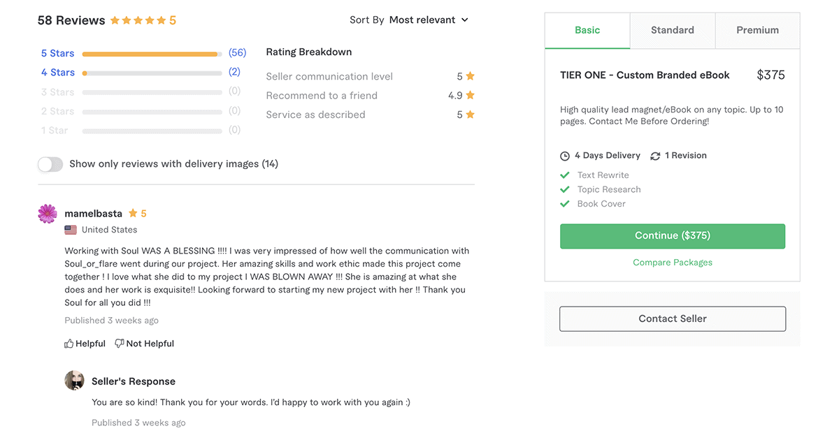 customer reviews for e-book writing gig on Fiverr