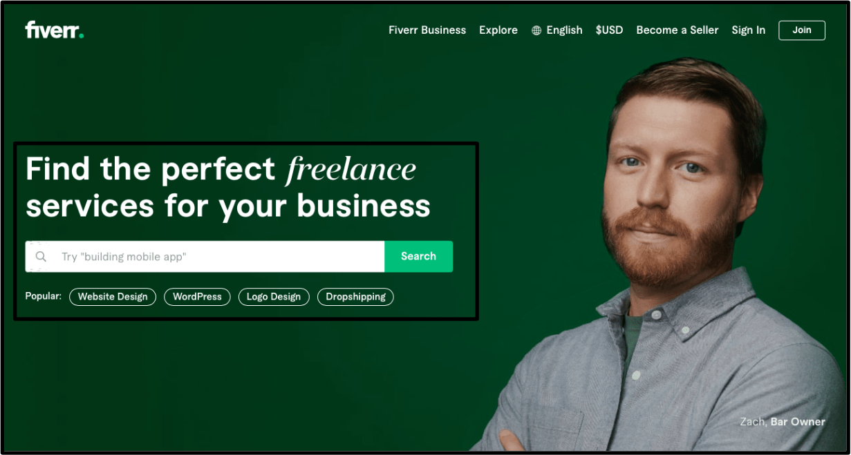 Fiverr homepage - searching for a freelancer on Fiverr