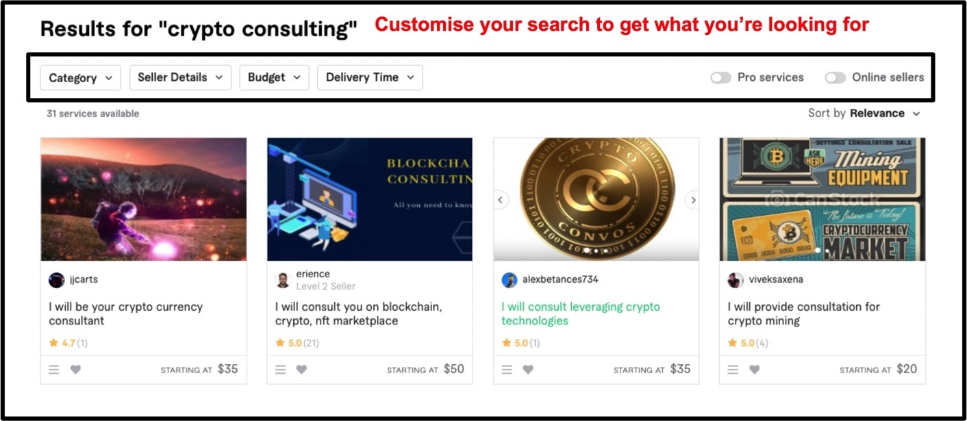 Crypto consulting search results on Fiverr