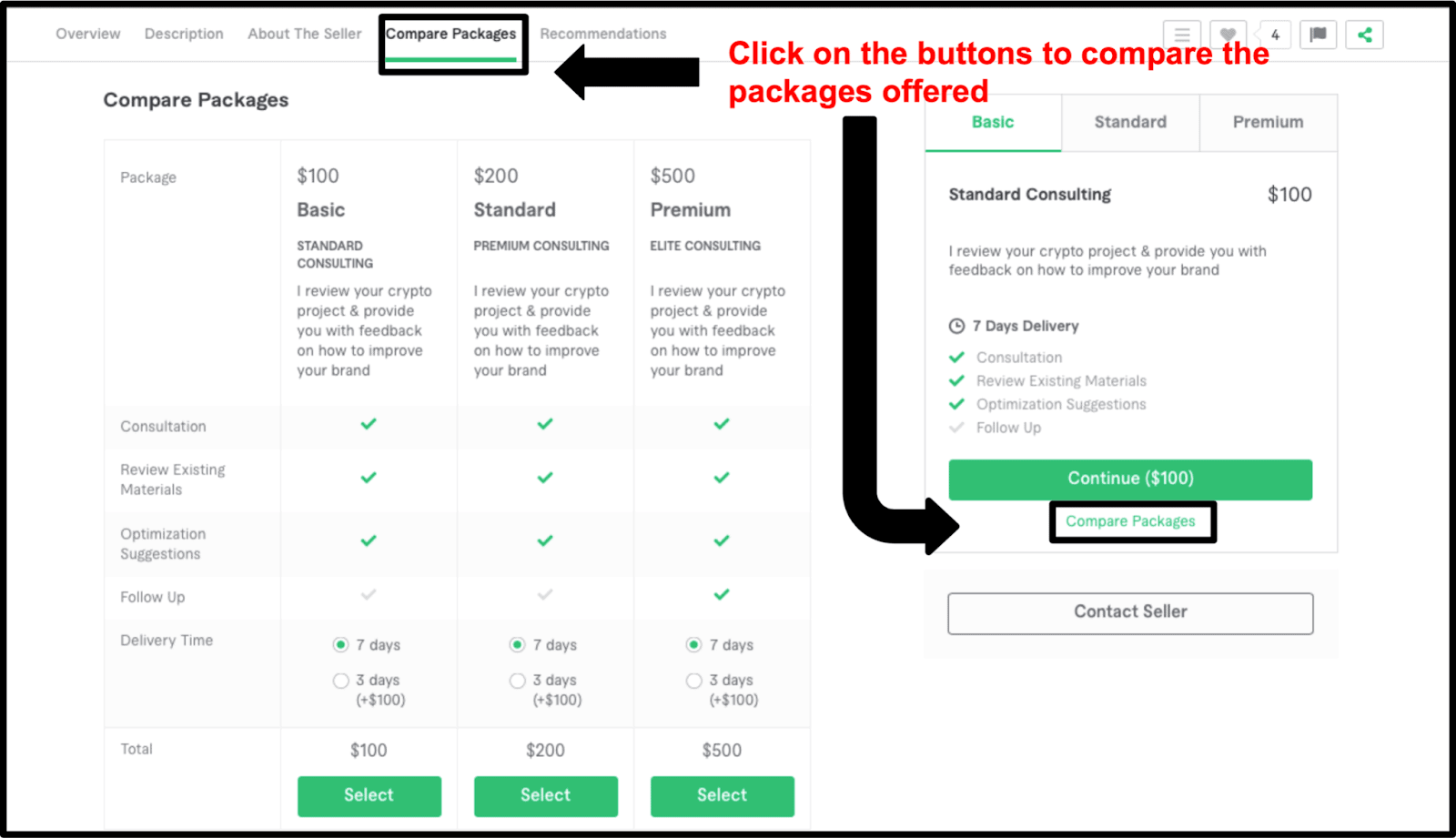 Comparing packages section on Fiverr