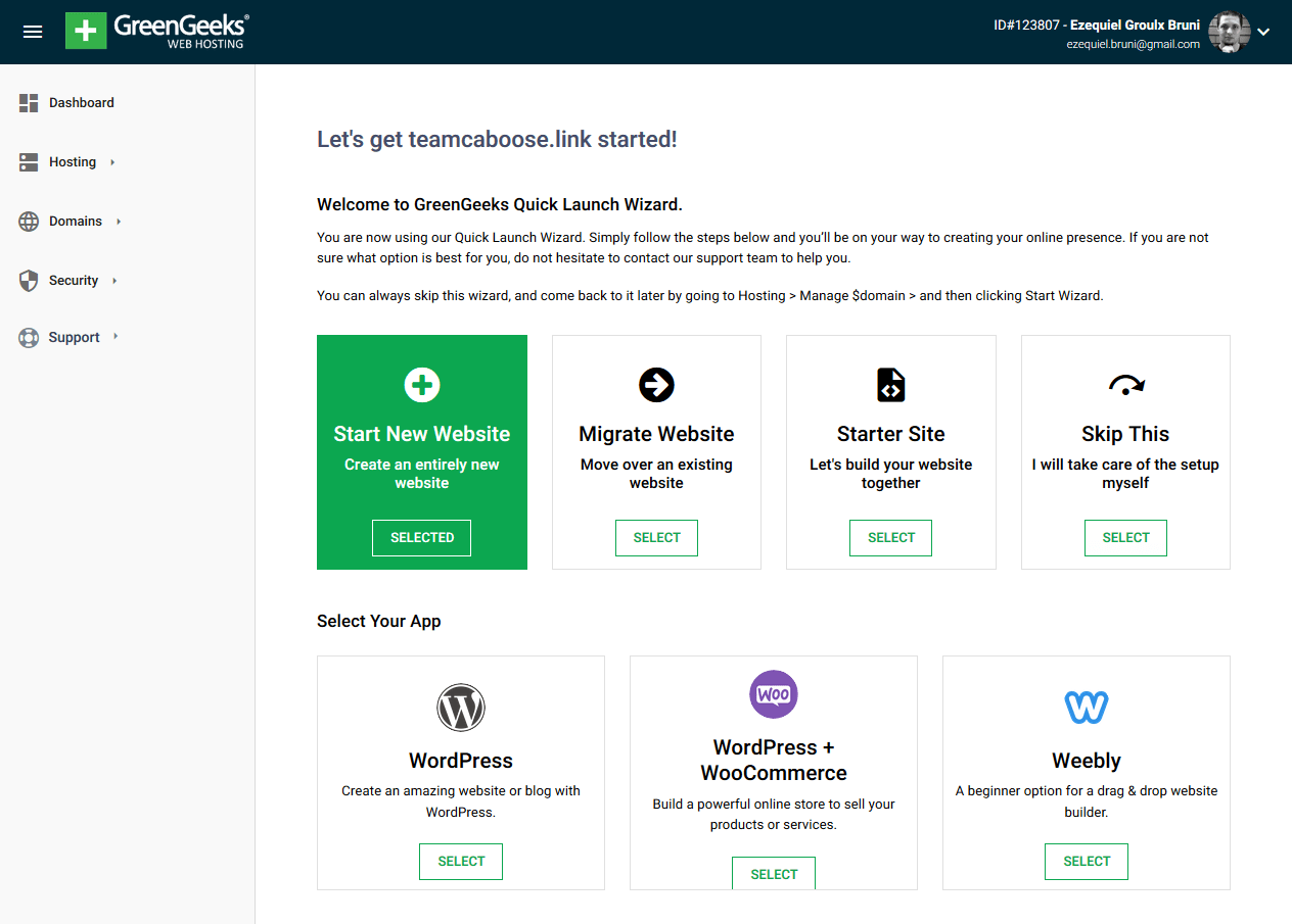 GreenGeek's site-starting wizard