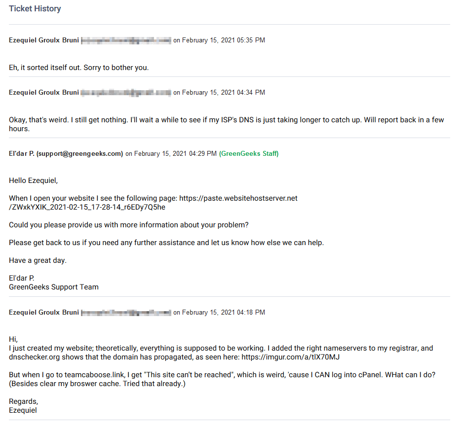 My email / ticket conversation with GreenGeeks