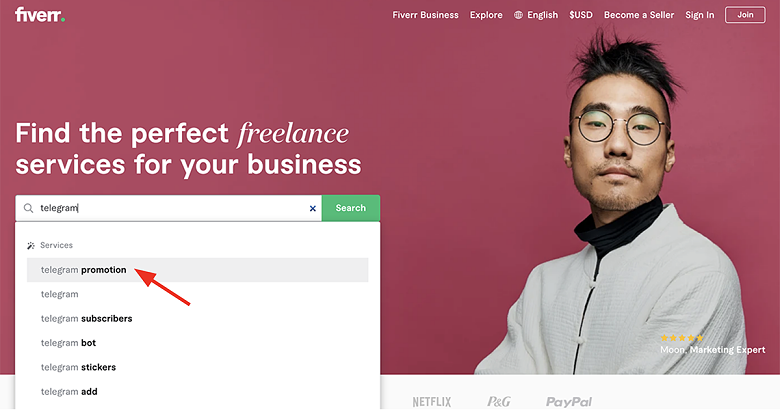 search for Telegram promotion services on Fiverr