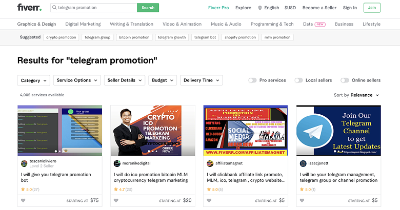 browse Telegram promotion gigs on Fiverr