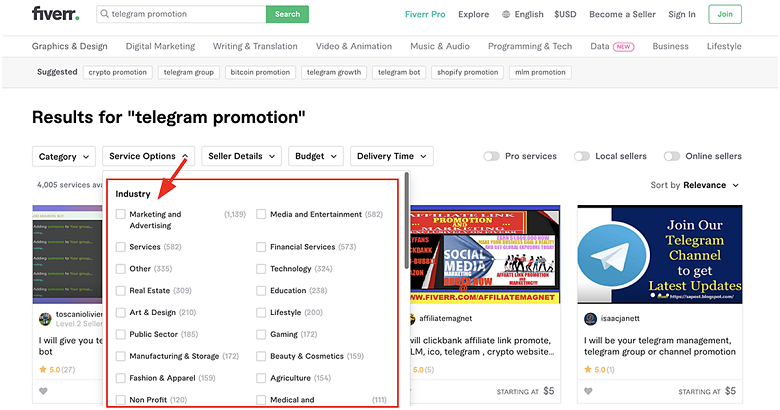 filter Telegram marketing gigs by industry