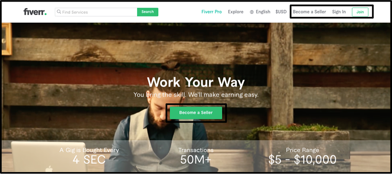 Fiverr homepage-Become a seller button