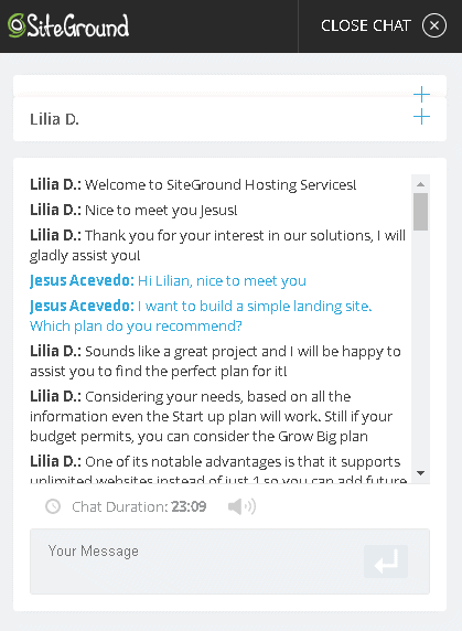Image of SiteGround Support Chat Window