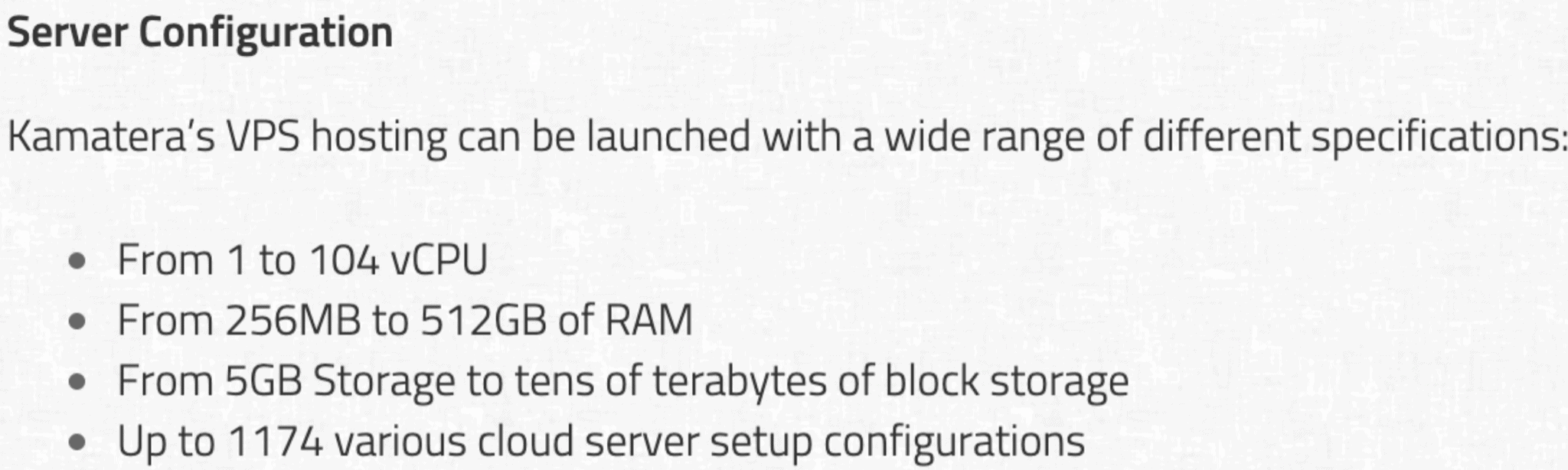Server configuration details from Kamatera's website