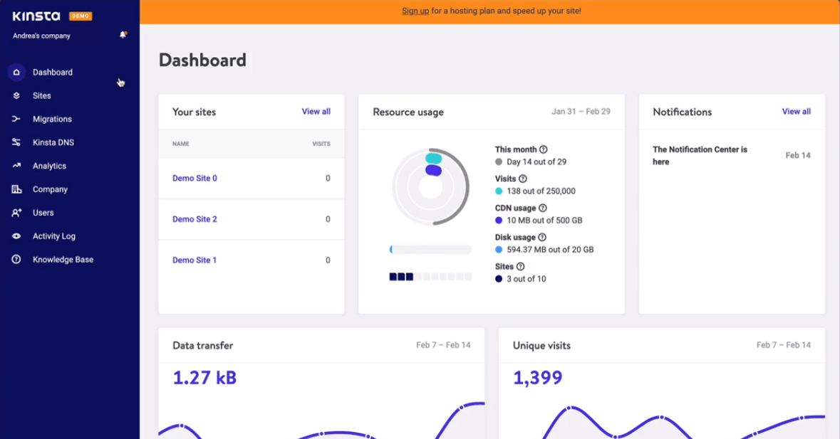 Kinsta's streamlined account managment dashboard