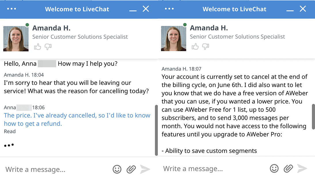 AWeber refund via live chat 1