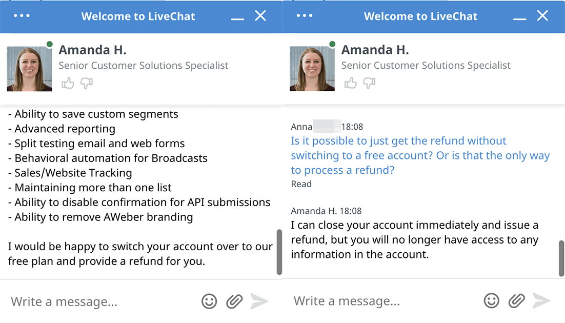 AWeber refund via live chat 2