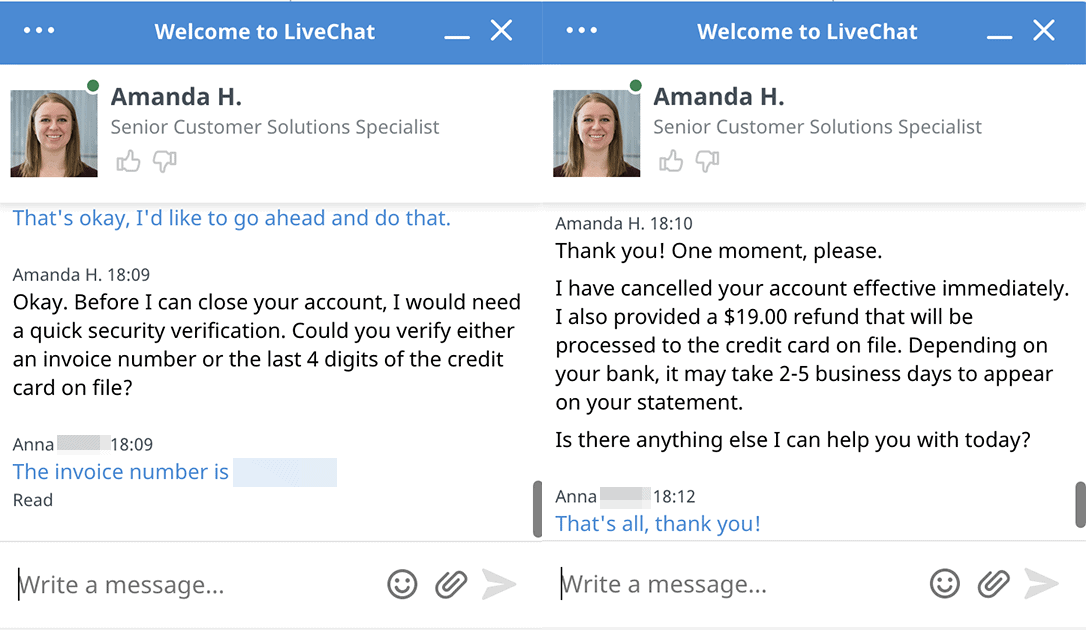 AWeber refund via live chat 3