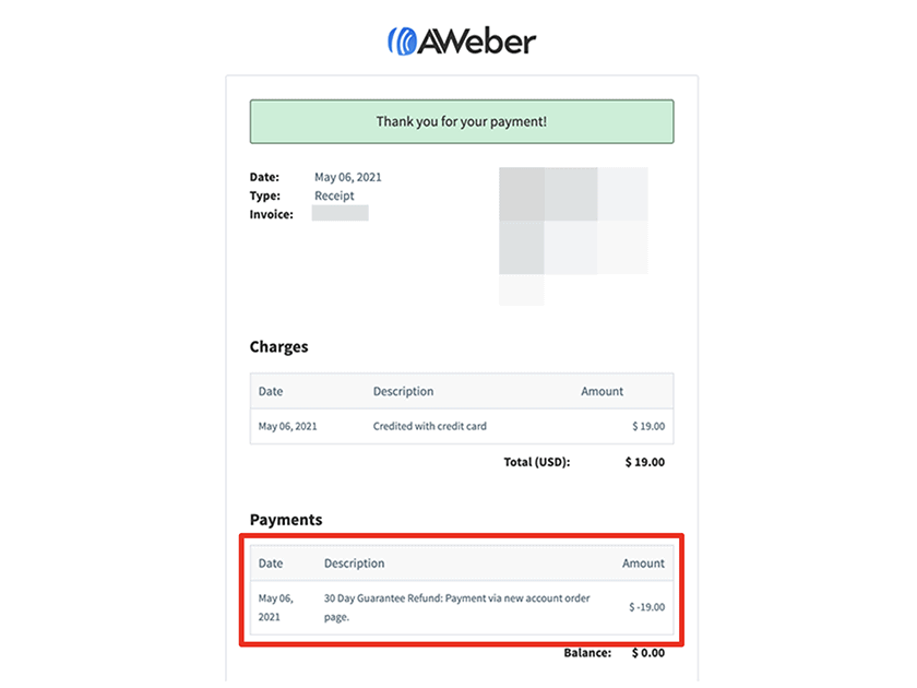 AWeber refund confirmation