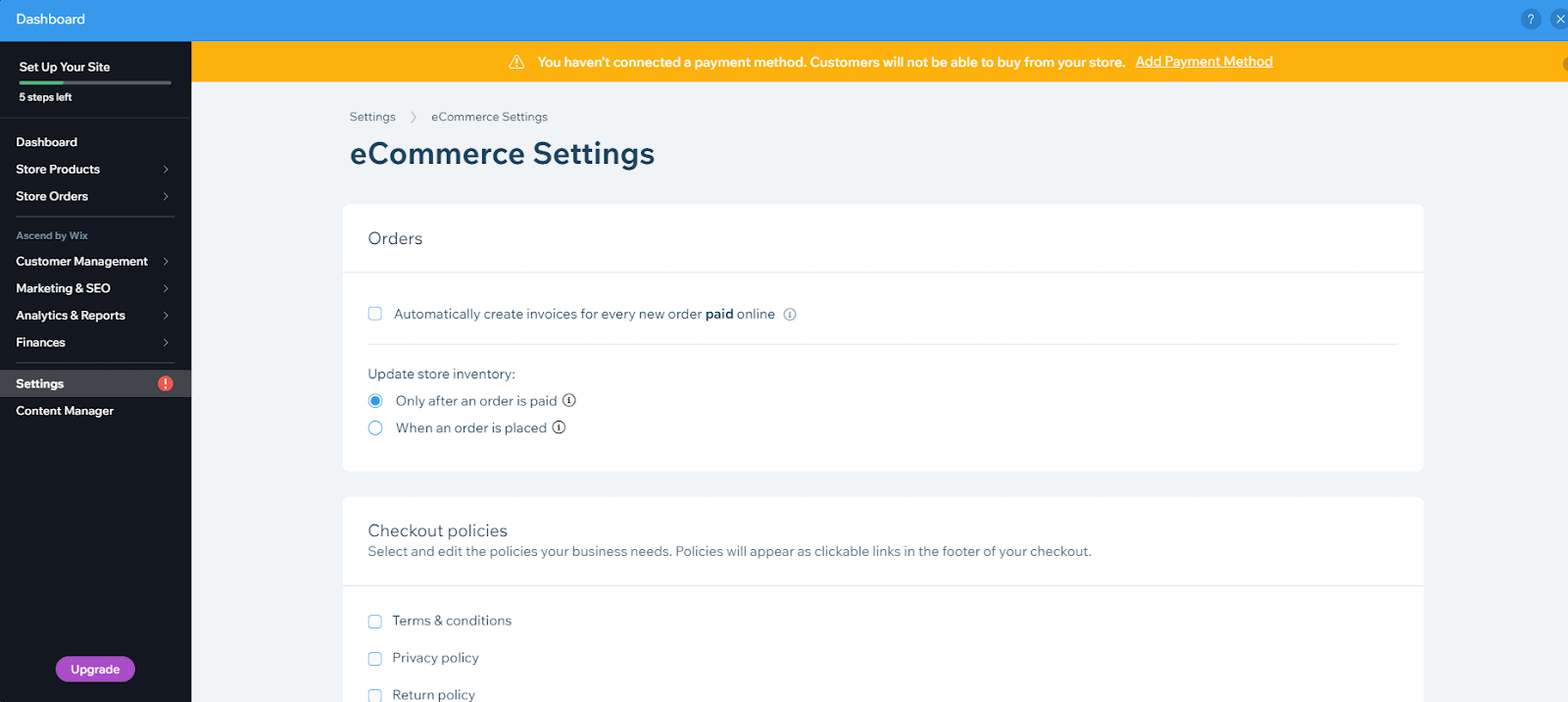 Wix store settings