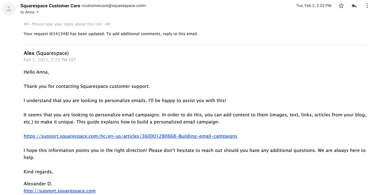 Squarespace email support