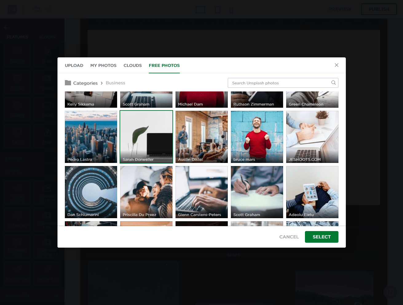 Unsplash stock images in the Network Solutions site builder
