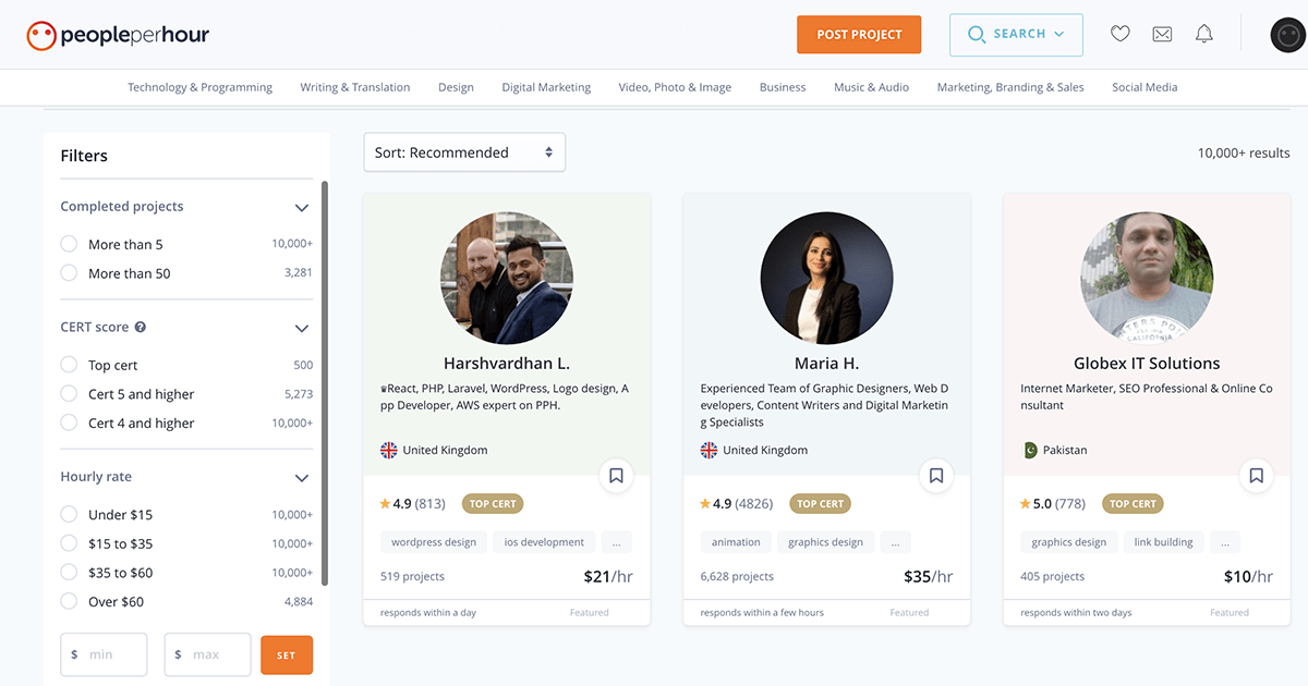 PeoplePerHour freelancer search